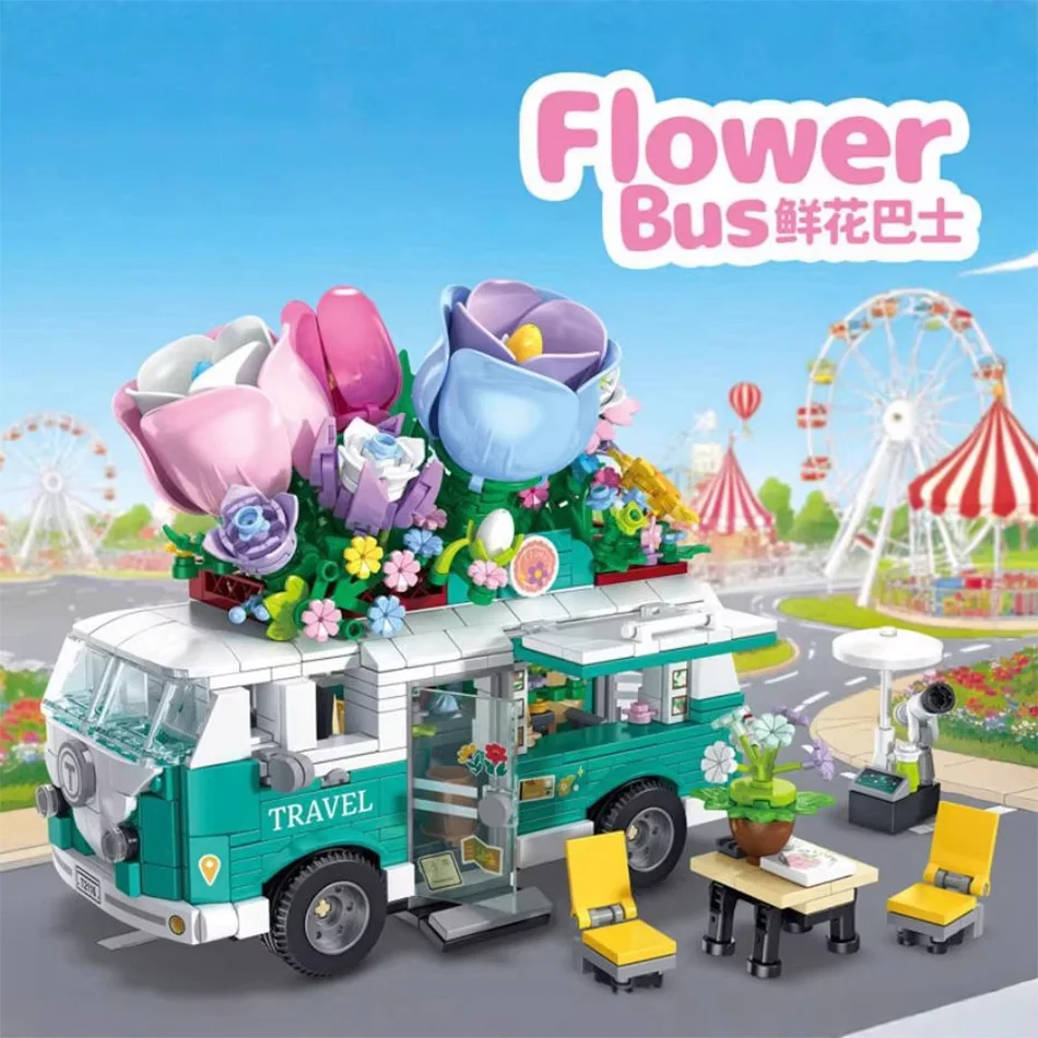 

Набор строительных блоков MOC «Цветочный автобус-кемпер», креативные кирпичики для сборки, игрушки для детей, подарок на день рождения или праздник