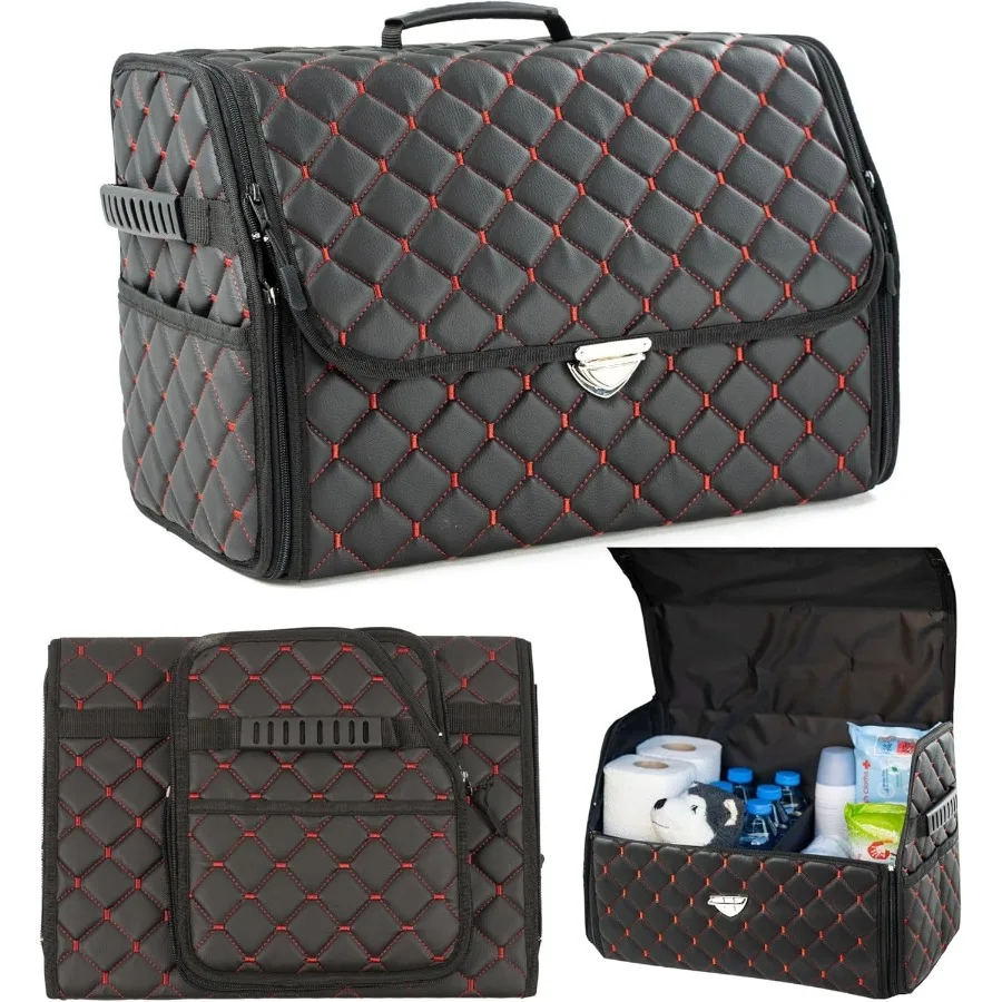 

Кожаный органайзер для багажника с крышкой для внедорожников и более складной автомобильный органайзер Автомобильные органайзеры и хранения с карманами Нескользящий дизайн