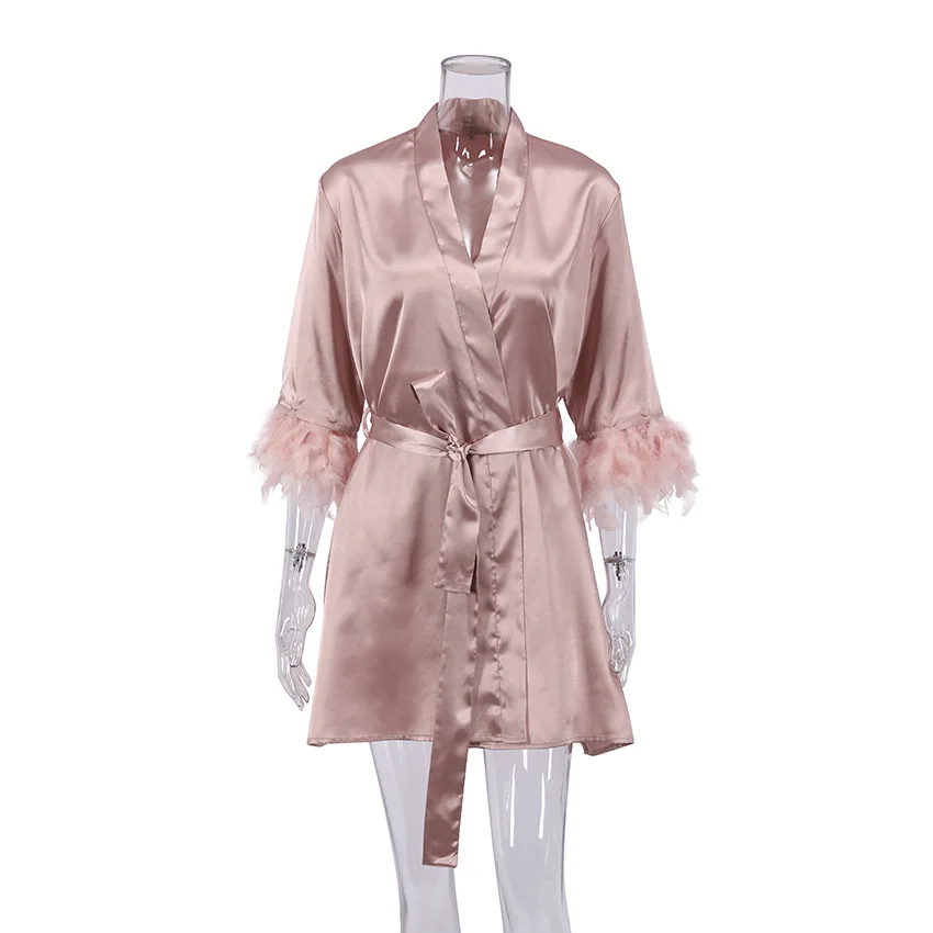 Feather Robe Gown Women Patchwork Kimono Bathrobe Nightgown Satin Sexy Sleepdress V-Neck Short Loungewear Bridal Nightdress