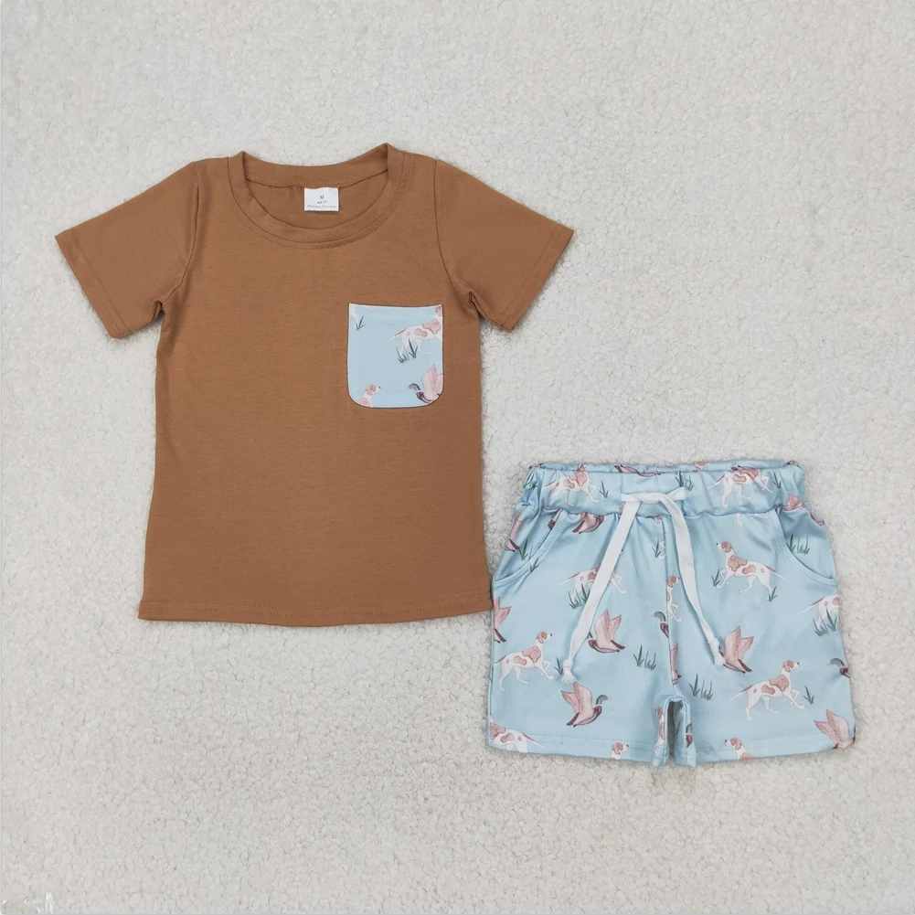 

Hot Sale Baby Girls Kids Clothes Sibling Boutique Shorts Baby Boys Khaki Short Sleeves Pocket Top Ducks Dogs Short Clothes Set