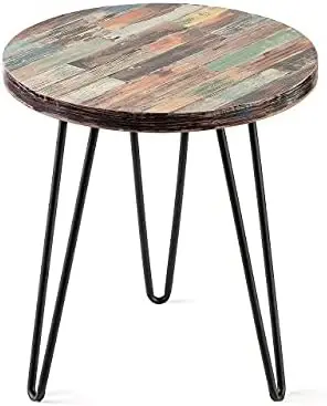 

Reclaimed Wood End Bedroom with Hairpin Legs, Small Round Side Tables Room, 16" x 16" x 21" Heigh, Gusset Round Led lights