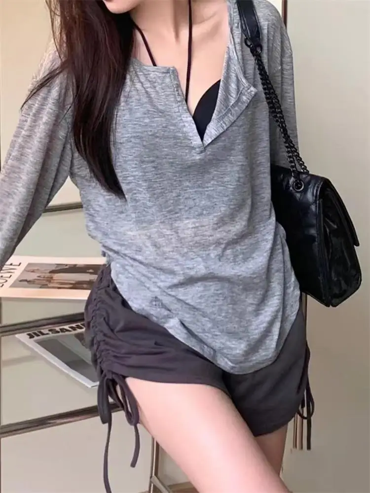 여자 솔리드 캐주얼 긴팔 티셔츠 여성용 작업복 탑 섹시한 얇은 투명 티셔츠 한국 루즈 티셔츠 streetwear