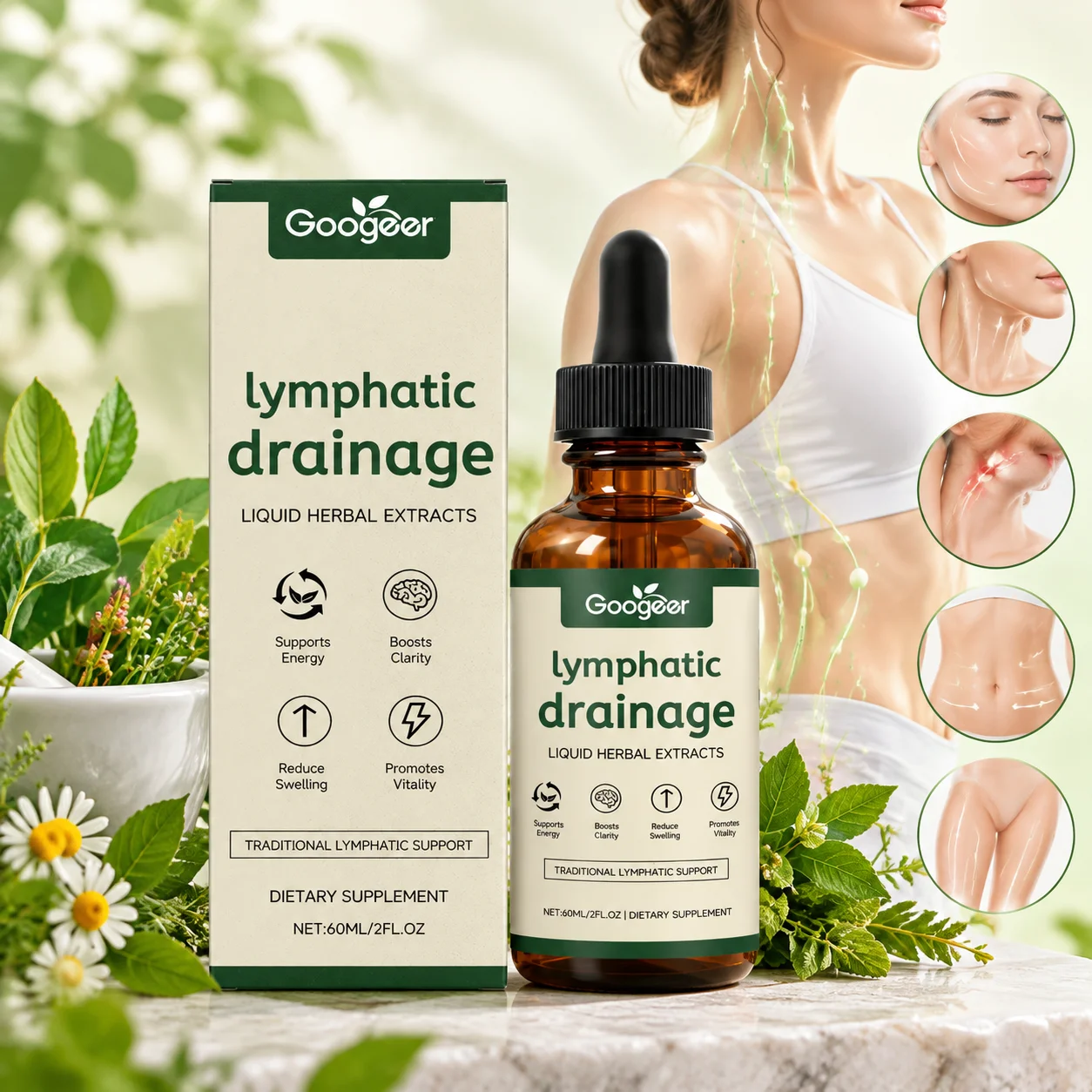 Googeer Lymphatic Drainage Drops 60ML Natural De-Puff & Bloat Relief Reduce Water Retention Morning Puffiness for a Lighter Feel