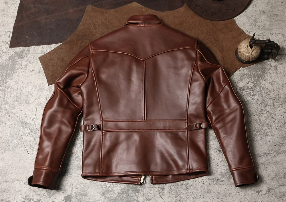 A  Vintage Men's Leather Jacket with A Lapel Collar and Genuine Leather Jacket, Heavy-duty Wax Dyed Cowhide Motorcycle Jacket