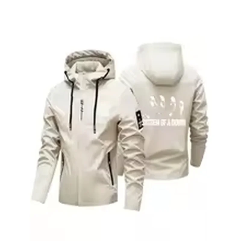 Fashion White Retro Group Portrait With Bold Letter Print Men Hooded Windbreaker, Waterproof Casual Sports Daily Street Coat