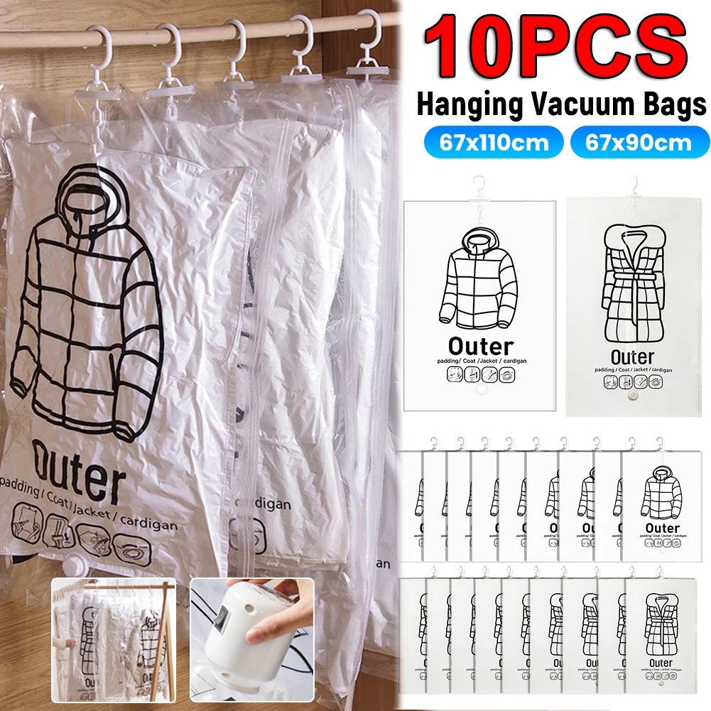 10PCS Hanging Vacuum Bag Space Saving Clothe Compression Storage Bag Reusable Empty Pump Bags Clothes Wardrobe Quilt Vacuum Pack