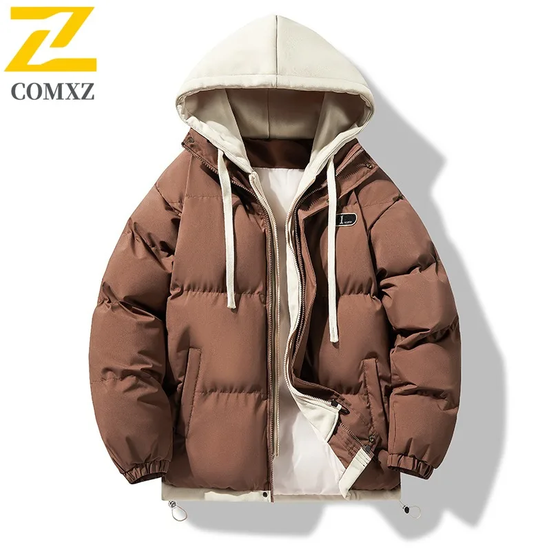COMXZ 2025 رجل النمط الأمريكي وهمية قطعتين سترة قطن الشتاء الكورية الدافئة مقنعين سترة معطف للأولاد في سن المراهقة الشباب ملابس خارجية