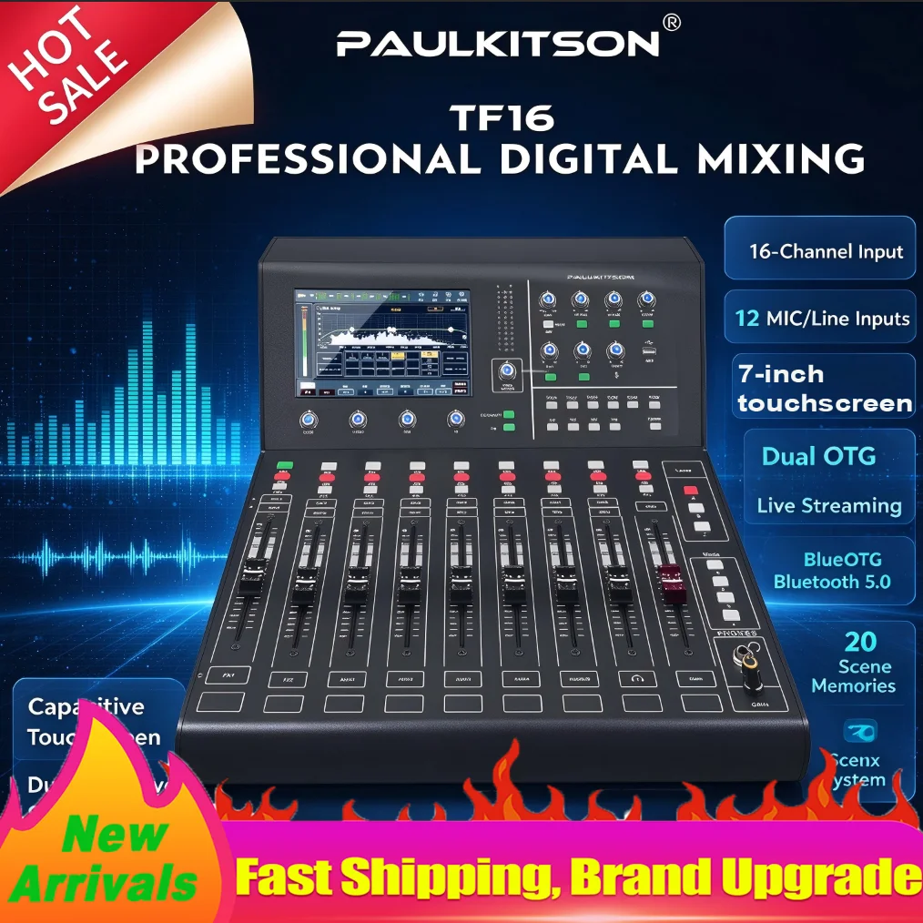 PAULKITSON TF16 Digital Audio Mixer 16Channels Digital Mixing Console 48V Phantom Power Live Sound Console For Stage Performance