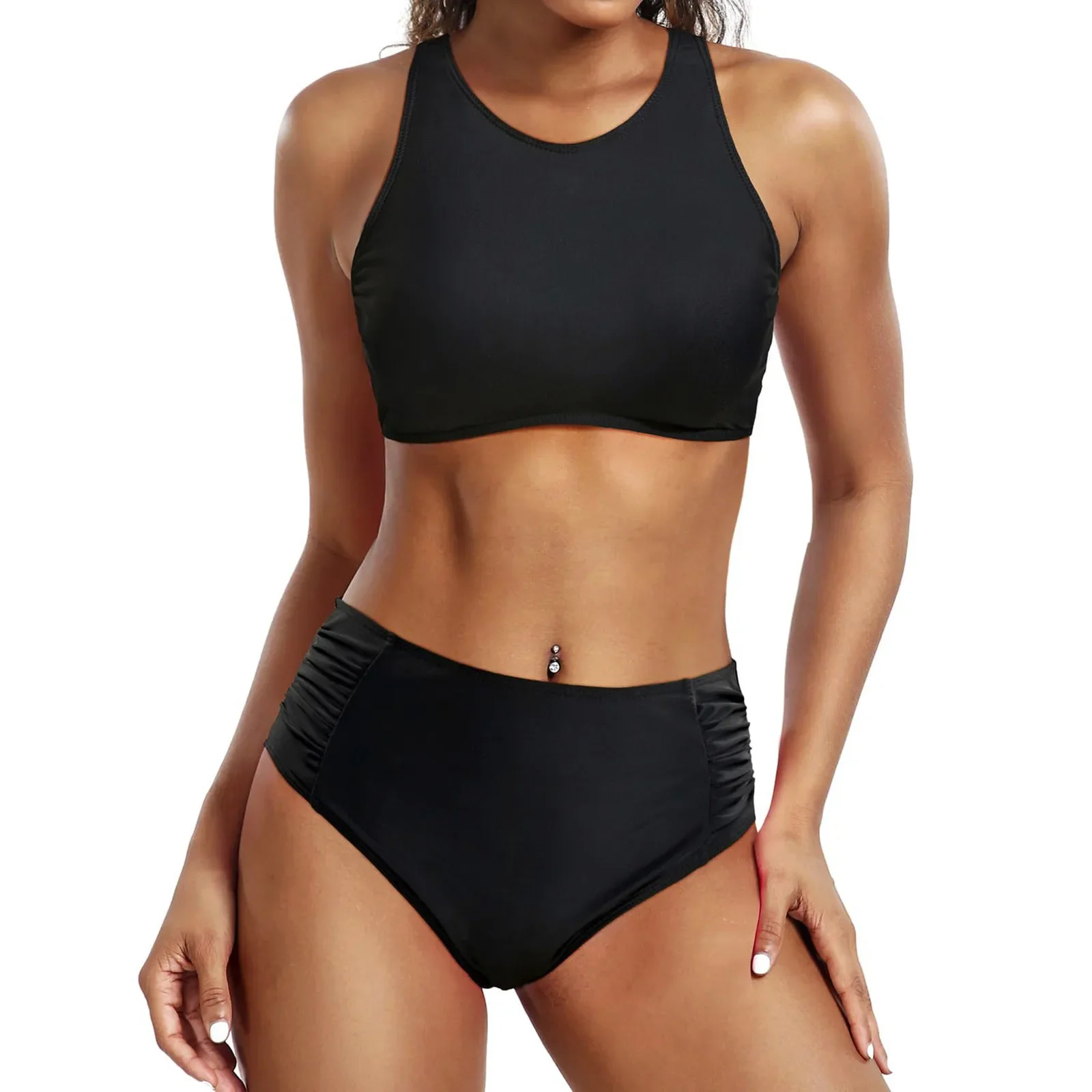 

Women Underwear Vest Swimwear Solid Color Crop Top Pleated Wide shoulder straps Two Pieces Bikini Elastic Slim swimsuit 2024