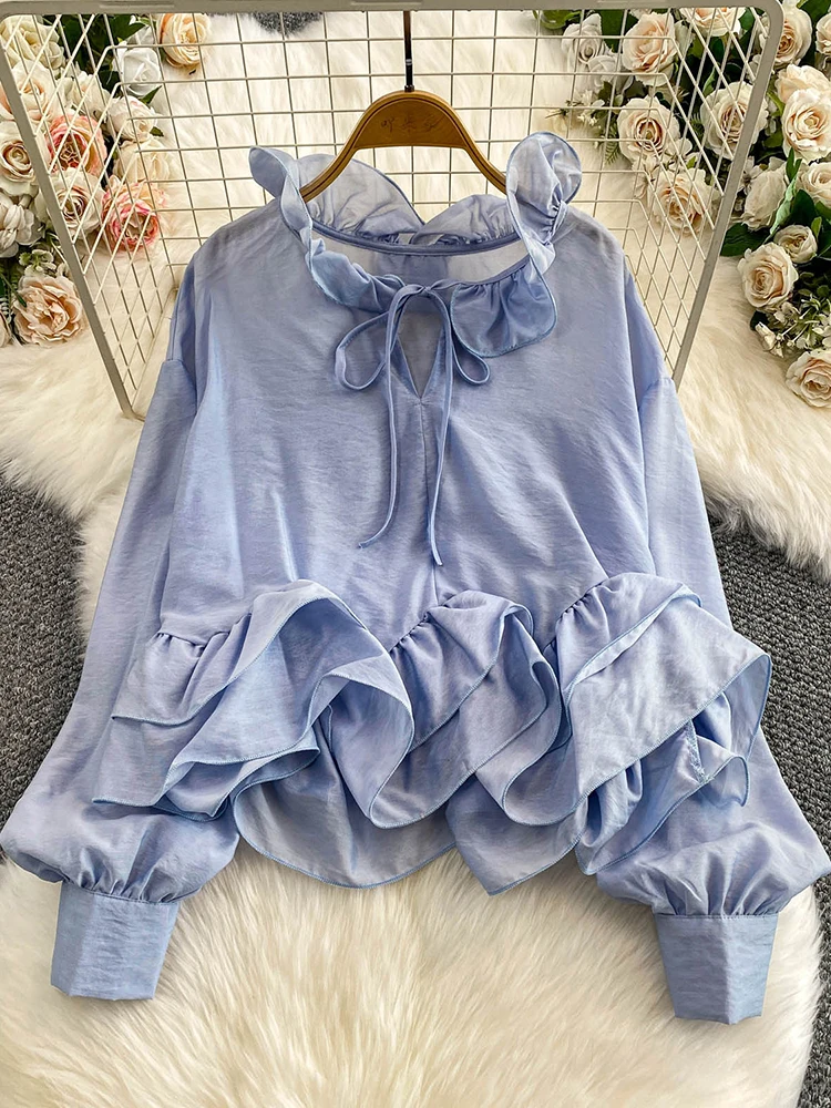 

Женская осенняя блузка во французском нежном стиле, однотонная синяя рубашка с бантом и грибком, с рюшами и круглым вырезом, женская рубашка, свободный топ BL226
