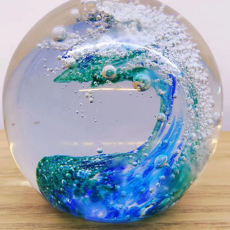 

8Cm Creative Blue Waves Glass Ball Handicrafts Light Luxury Bola De Cristal Office Home Decor Craft Kids Birthday Gift
