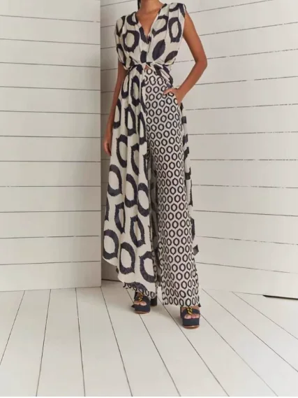 

Модные летние комплекты из 2 предметов 2025, женские наряды, повседневный новый сексуальный элегантный топ без рукавов с v-образным вырезом и принтом на шнуровке + облегающий комплект брюк