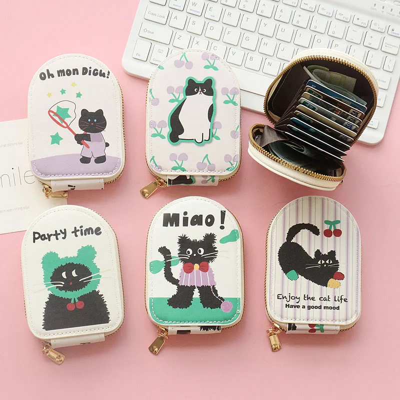 

New Design Cute Black Cat Organ Card Bag PU Leather Wallet Cartoon Business Card Case Credit Card Holder Mini Zipper Clutch Bag