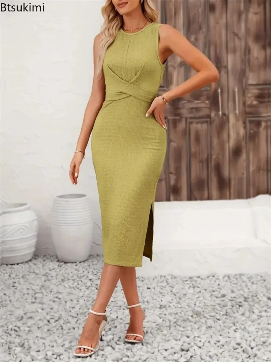 Women's Summer Elegant Slim Fit Skirts Stretch Tight Twist Tie Bow Sleeveless Dress Green Women's Casual Mid-Length Long Dresses
