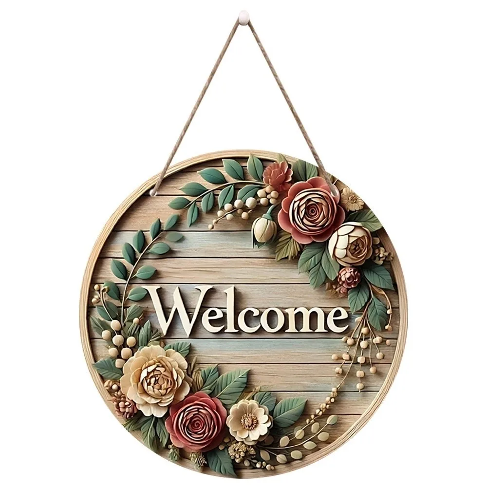 New 2D Flat 2D Round Welcome Sign Retro Style Cat Print Hanging Wooden Board Warm Home Floral Print Wall Sign Home Decor