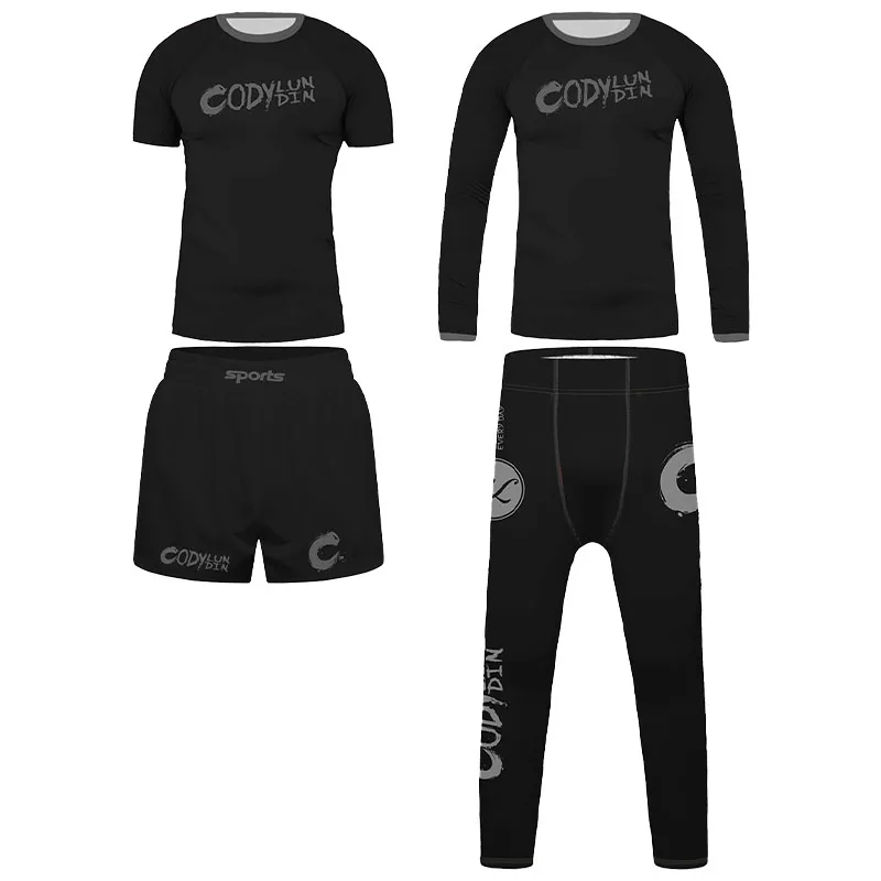 Cody Kids BJJ MMA Compression Set 4-12Y, Short & Long Sleeve Rashguard Shorts & Leggings, Quick Dry Black Boxing Sportswear