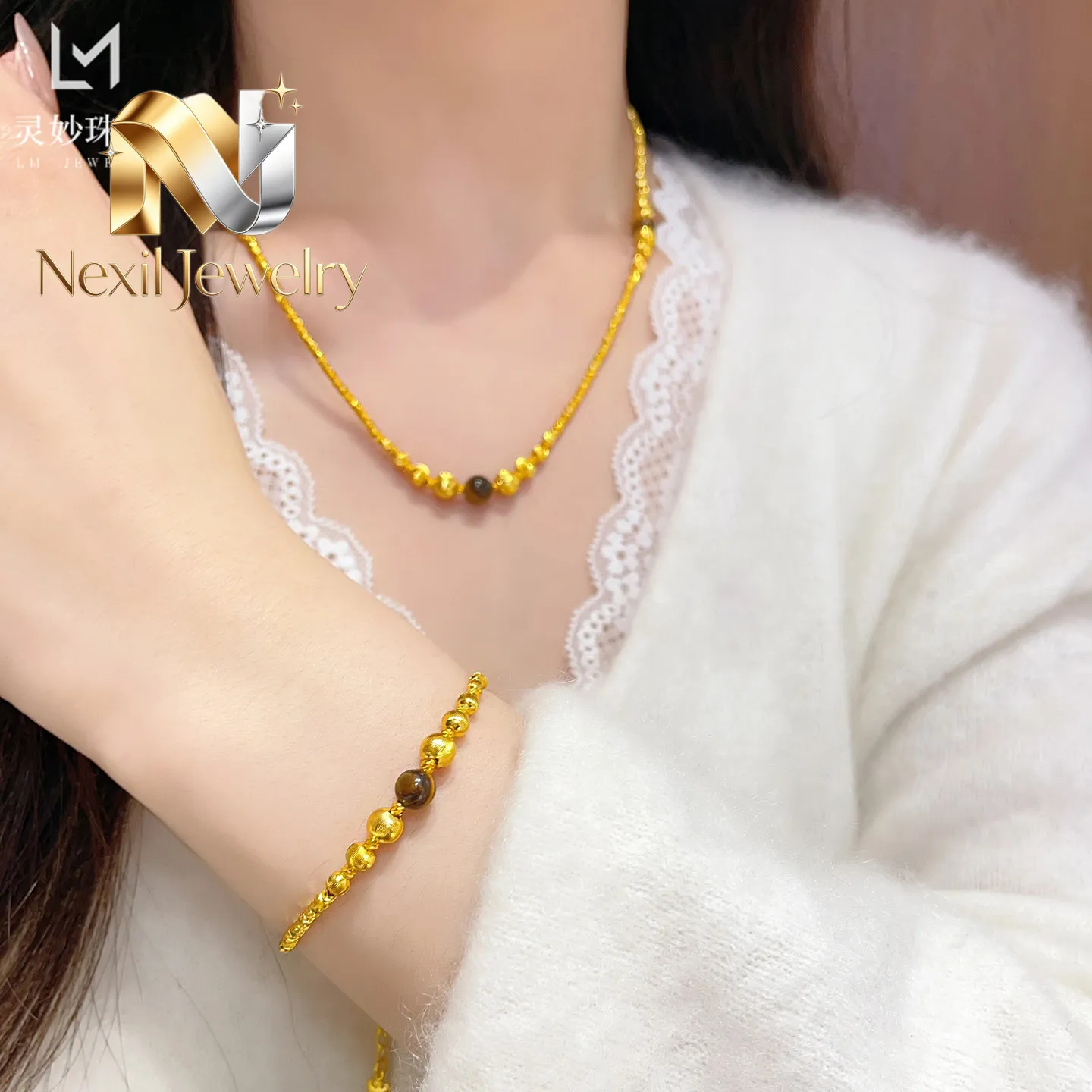 

Nexil Jewelry Nexil Jewelry Cat Eye Fortune Bead Necklace & Bracelet Women's 24K Gold AU999 -Light luxury cat eye style, low-
