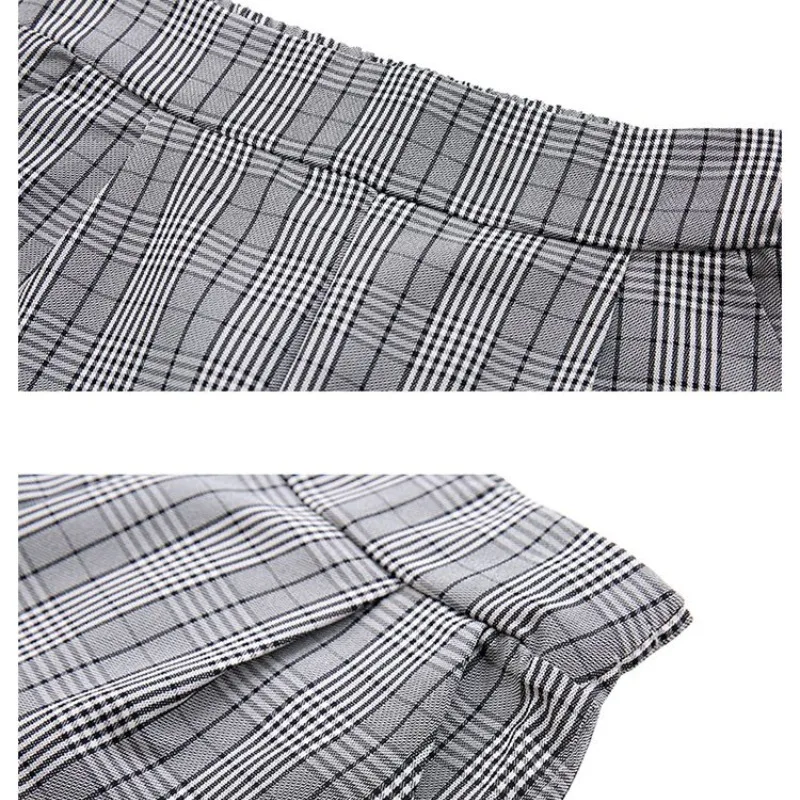 Spring Autumn Women\'s Clothing Striped Plaid Pockets Elastic High Waisted Contrast Color Straight Trouser Suits Vacation Pants