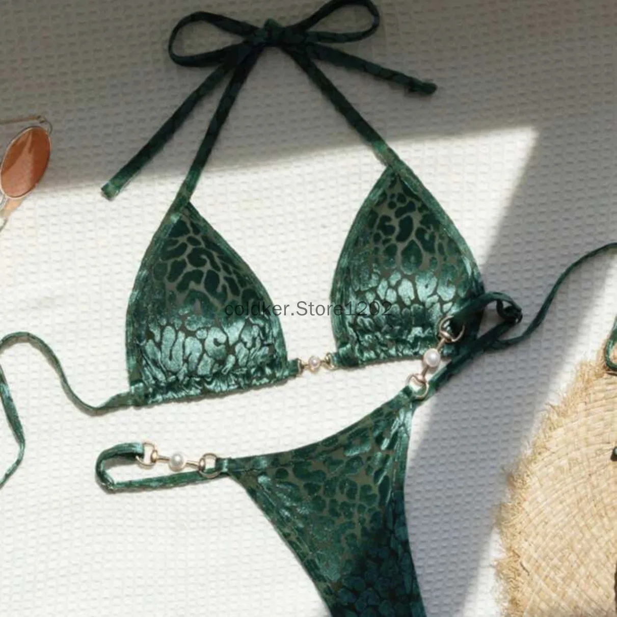 Brazilian Summer Women Stylish Green Leopard Print Bikini Set Sexy Halter Design Swimsuit Two Pieces Set