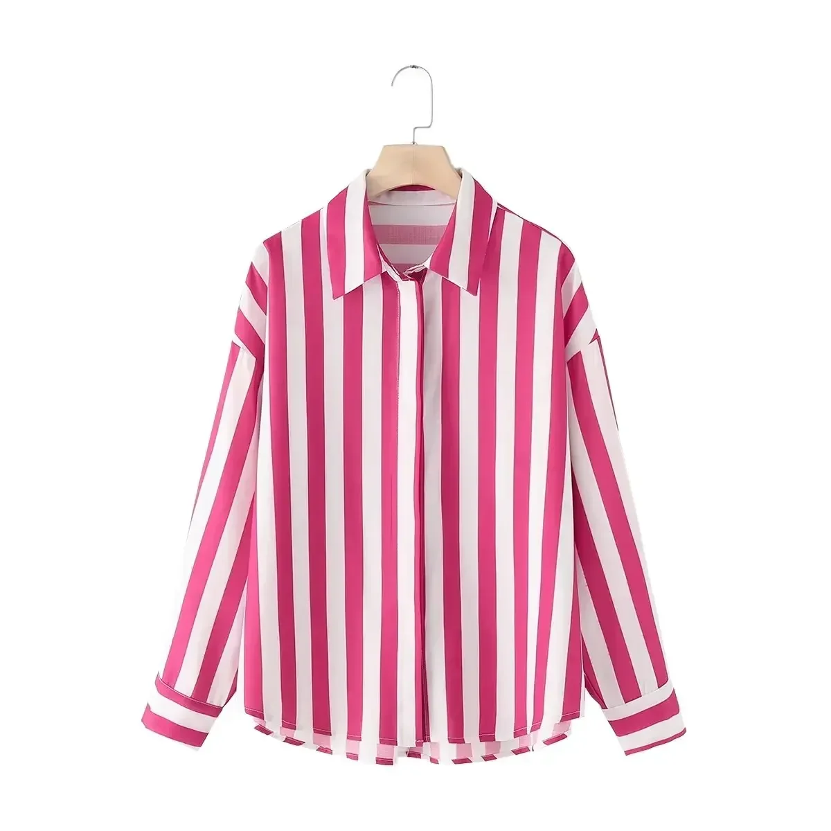 Women's new fashion linen blend casual contrasting striped long sleeved shirt retro lapel button up women's shirt chic top