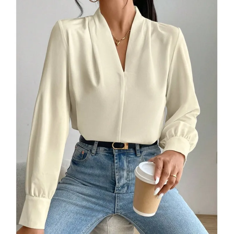 2024 Spring and Autumn Winter New Office Women\'s Long Sleeve Shirt Design Sense V-neck Solid Color Loose Top Autumn Shirt