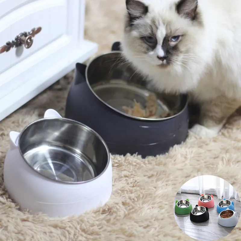 Stainless Cat Bowls Non-slip Base Pets Puppy Dog Food Water Feeder Bowl Neck Protection Dish Pet Bowl 15 Degrees Bowl Pet Supply