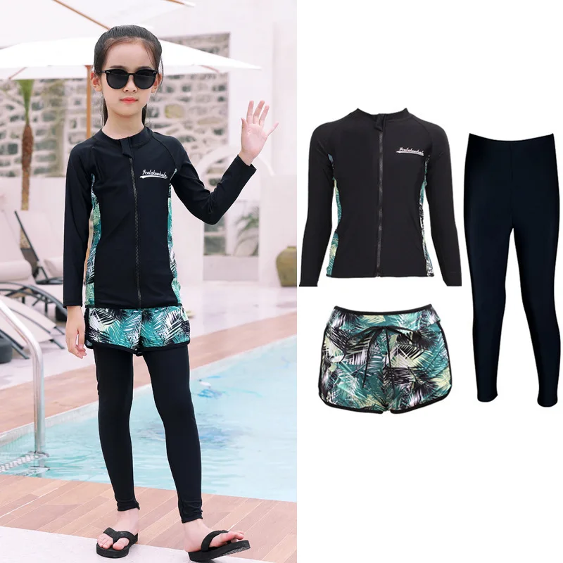 Three Piece Long Sleeve Cover Up Swimwear Korean Beach Wear Kids Girls Boys Swimsuits Patchwork Surf Bathing Suits Shorts Pants