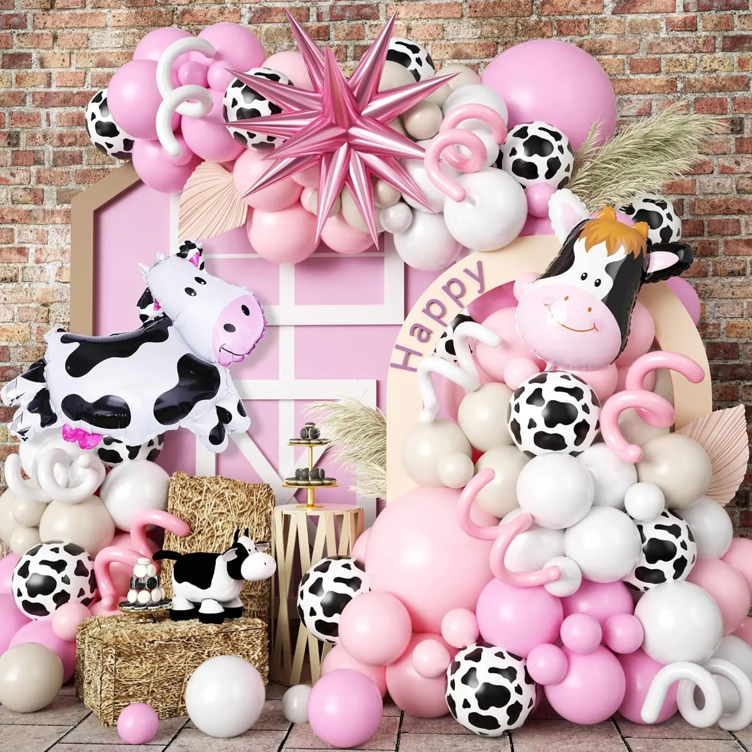 129PCS Kuh Ballon Kette Set Rosa Mädchen Geburtstag Bauernhof Ranch Thema Ballon Bogen Dekoration Western Cowgirl Stil