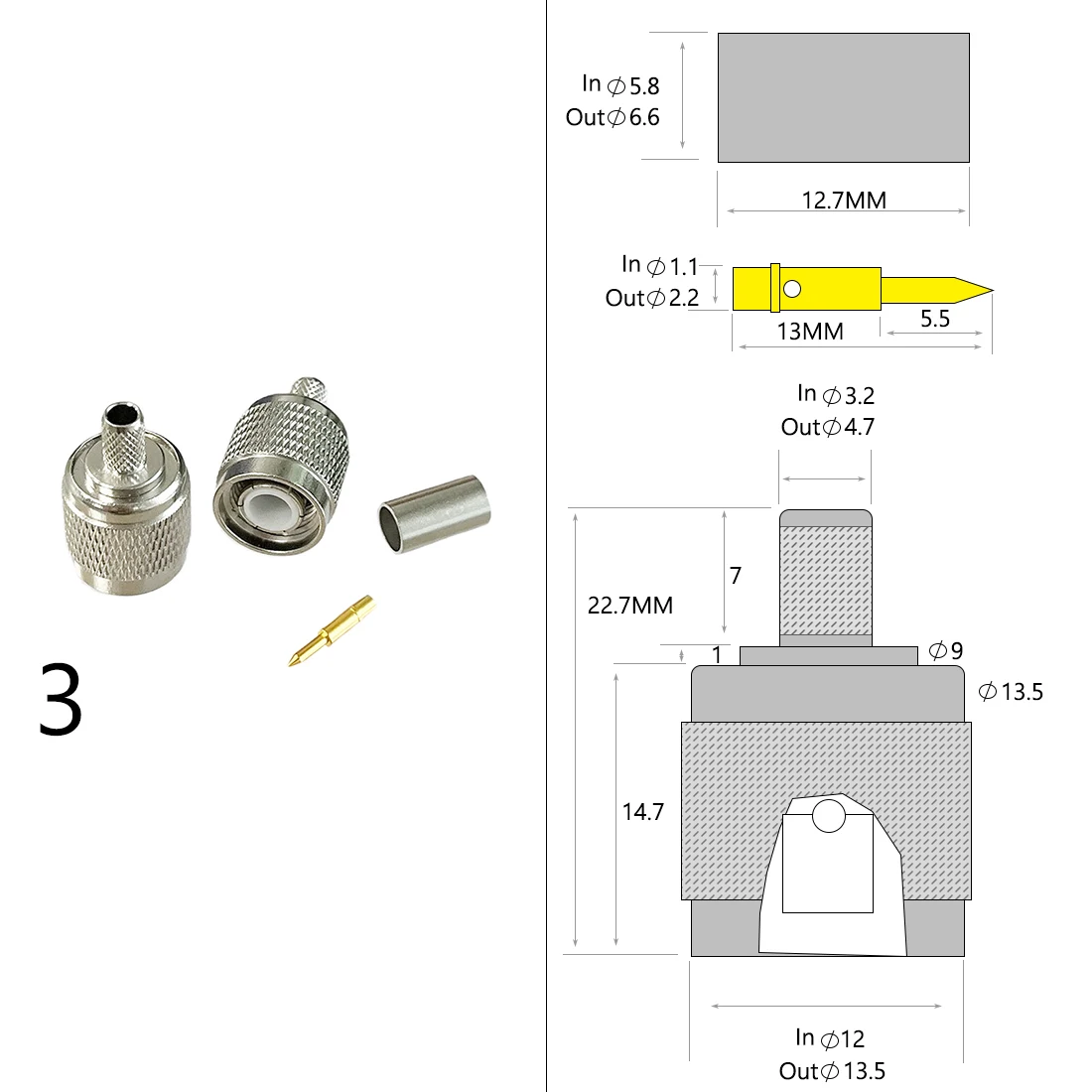 1-4PC BNC maschio femmina spina Jack RF connettore coassiale a crimpare per RG316 RG174 RG58 RG142 cavo rame nichelato con disegno nuovo