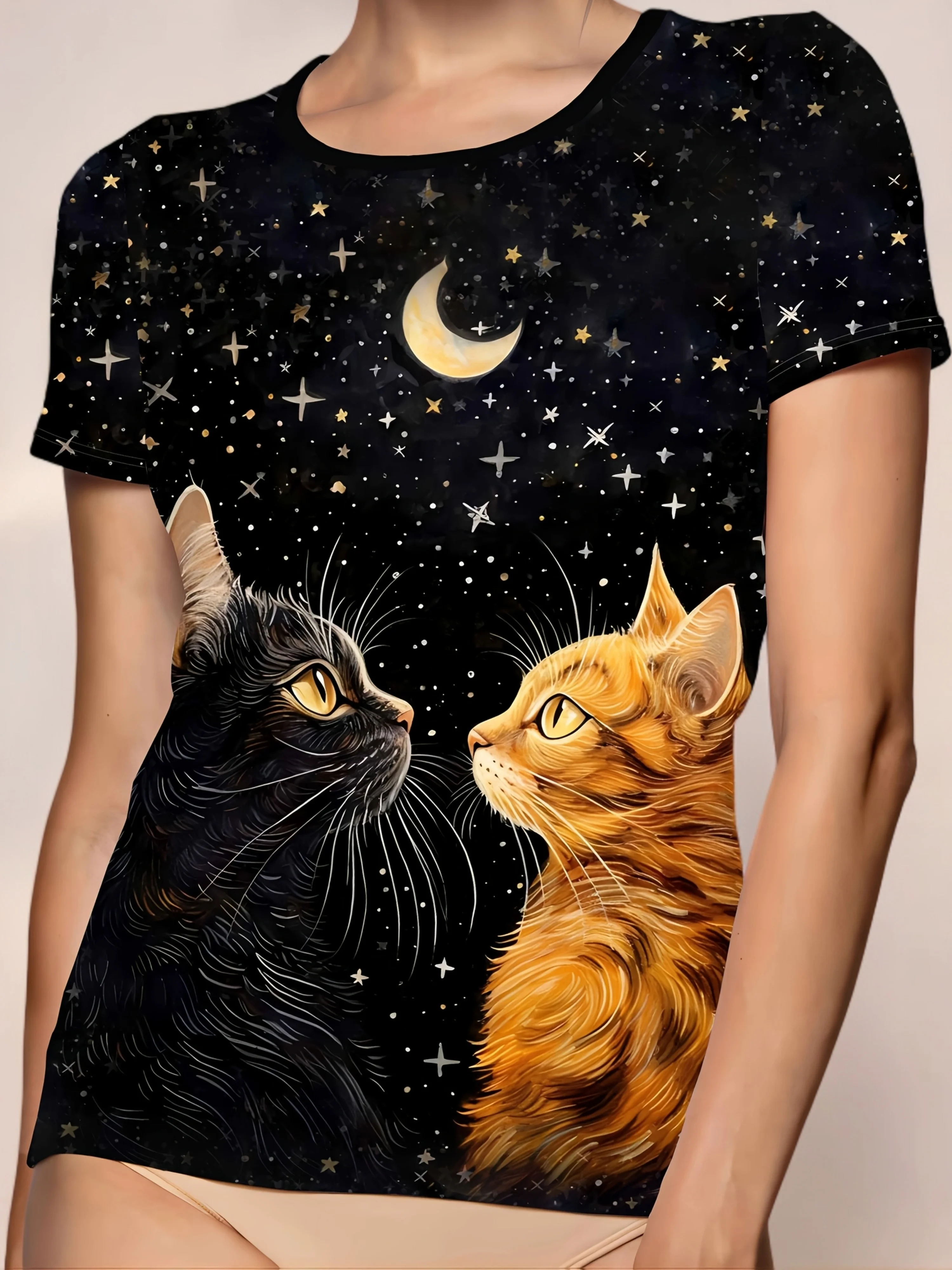 Women's Casual Polyester Crew Neck Short Sleeves with Cute Cat Pattern, Sports T-shirt, Animal Pattern, Starry Night Design