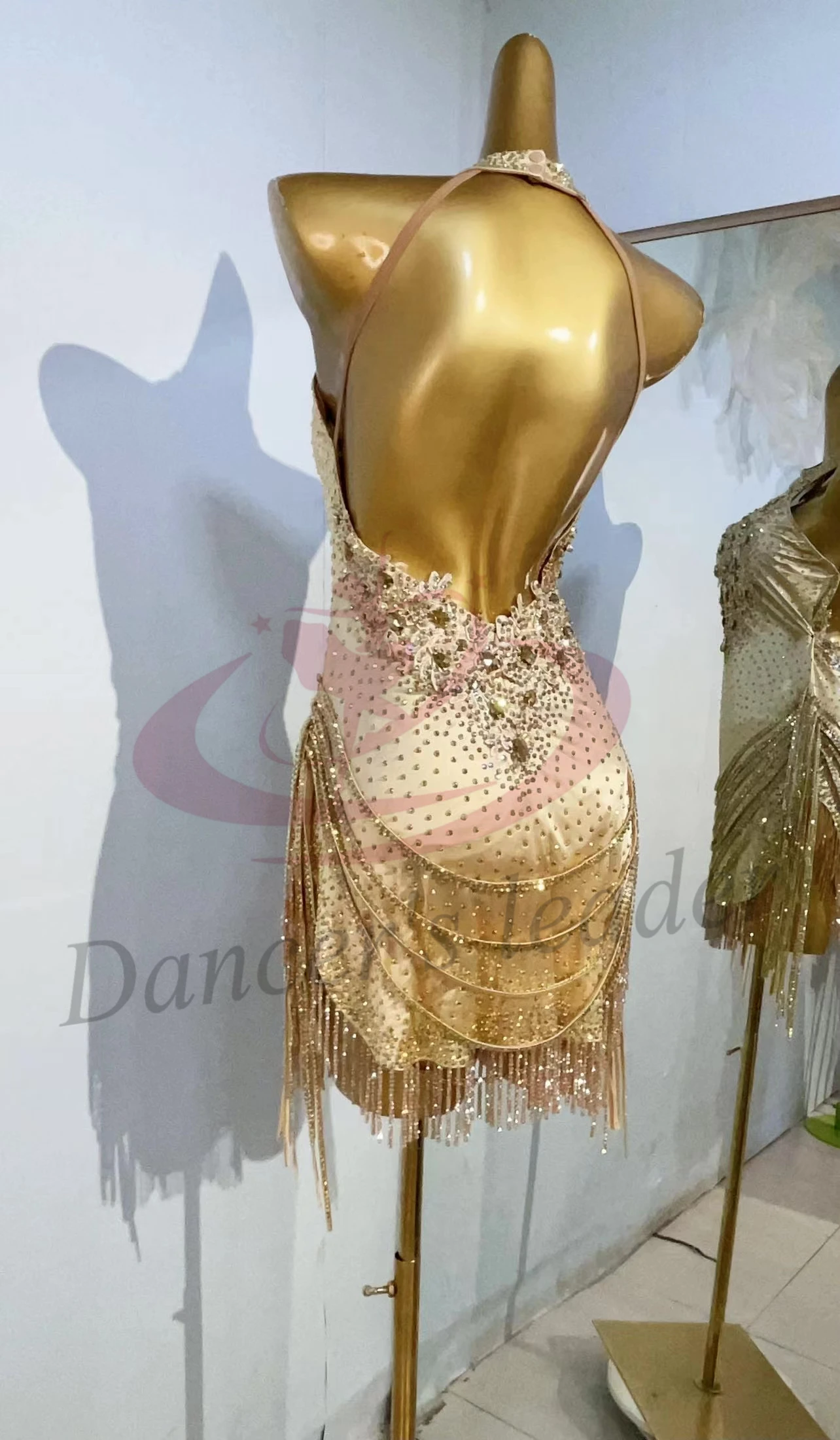 Latin Dance Costume Rhinestone Women's High-end Custom Golden Dress Diamond Tassel Samba Performance High Flash Dress