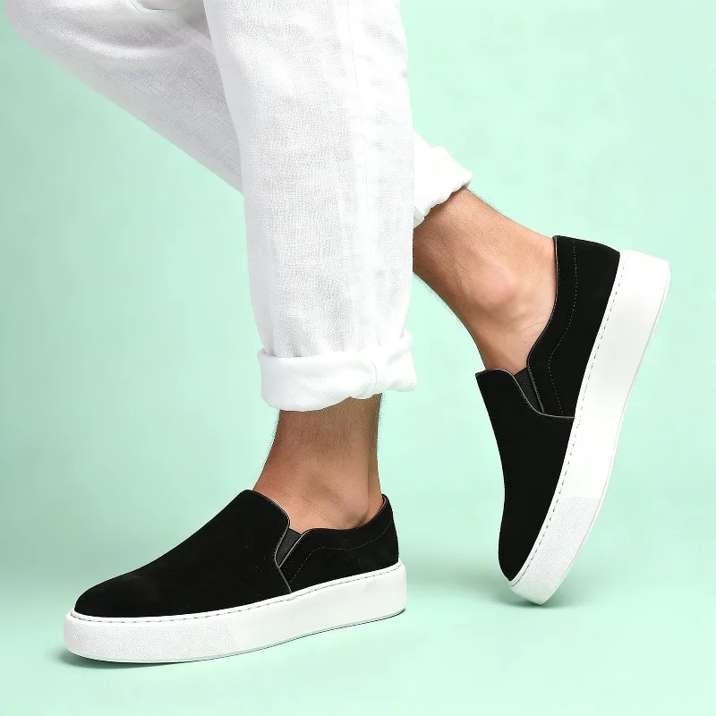 Men's New Leather One-pedal Youth Trend Light Luxury Cow Suede Thick-soled Heightening Loafers Board Shoes Casual Sneakers