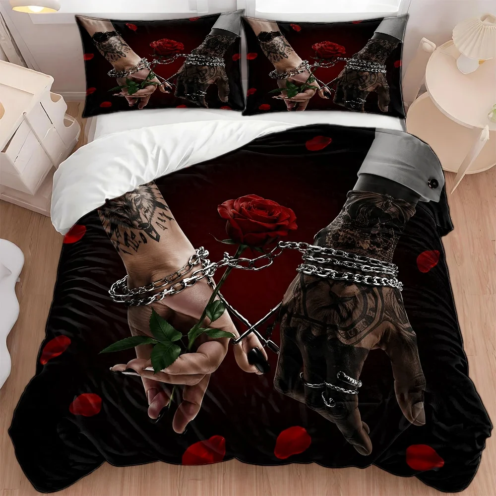 Dark Rose Tattoo Chain Couple Style Duvet Cover Set Multi Size Quilt Cover Queen Size Bedroom Bedding Decoration Machine Washable Adult Boy Girl Bedroom