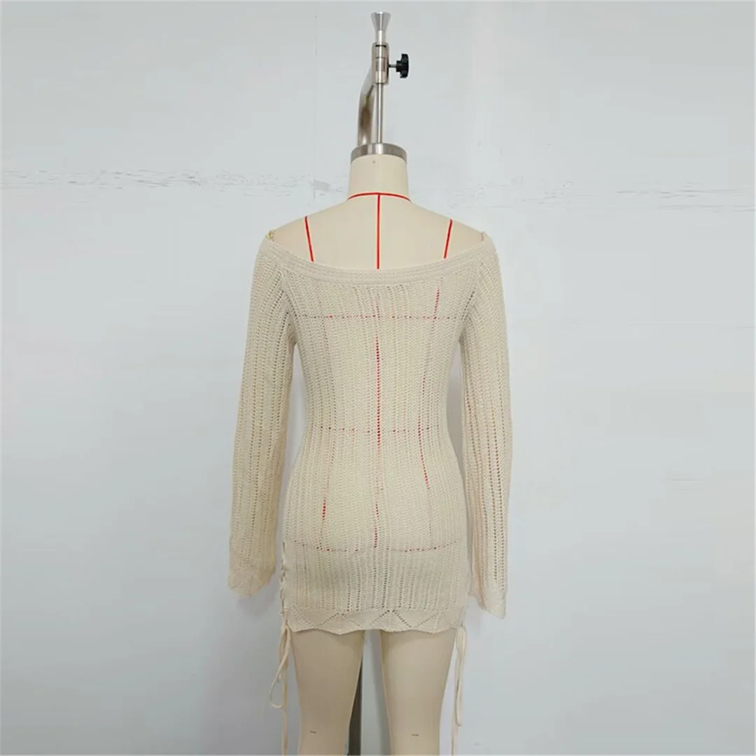 2026 Schulterfreies Langarm-Häkel-Tunika Strand-Überwurf Strandkleid Strandmode Damen V8513 – Detail 9