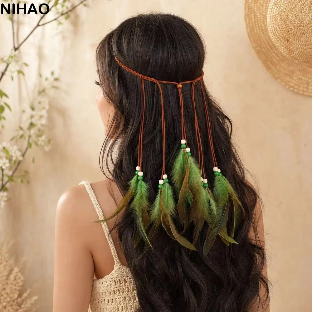 Cascading Tassels Bohemian Tassel Headband Braided Cord Hand-tied Plumage Long Feather Headpiece Natural Earthy Tones