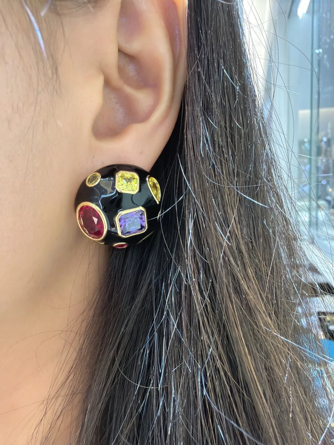 black enameled half ball asymmetrical stud earring  colorful  earring   for women copper with cubic zircon MIYI