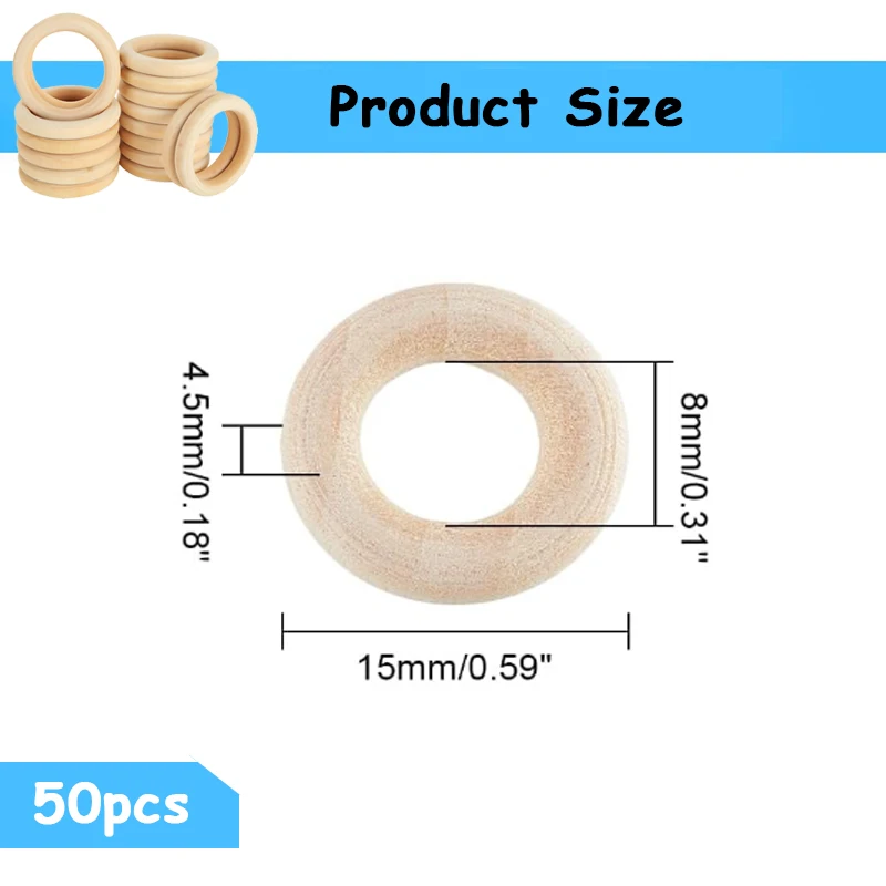 50pcs 15mm Natural Unfinished Solid Wooden Rings, Smooth Wood Ring Circle for DIY Craft Pendant Connector Jewelry Making