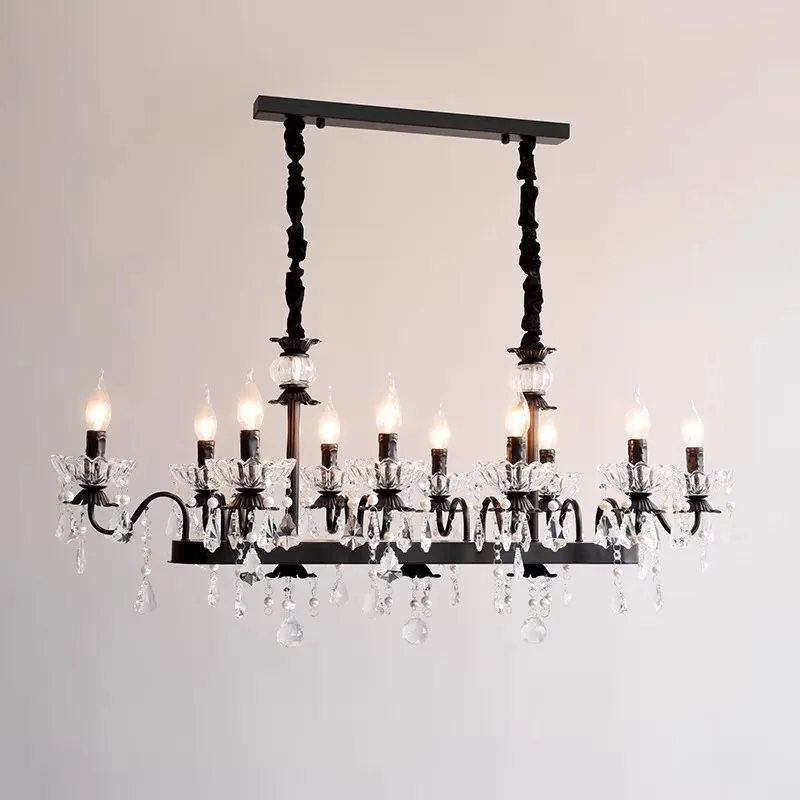 French American black antique island bar counter high-end crystal chandelier, rectangular retro restaurant main lamp
