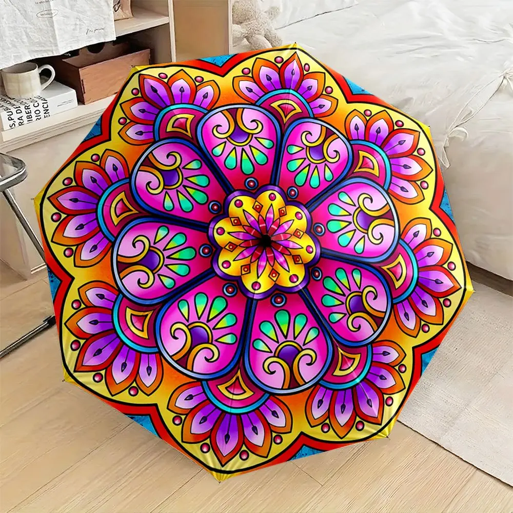 

Automatic Folding Umbrella with Mandala Design - Automatic Open/Close, 8-Rib Compact & Portable with Handle, Color-Changing (P