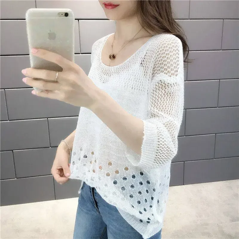 

Summer New Loose Knitted Casual Tops Korean Shirts Fashion O-Neck Solid Color Spliced Hollow Out Blouses Female Clothing 2025