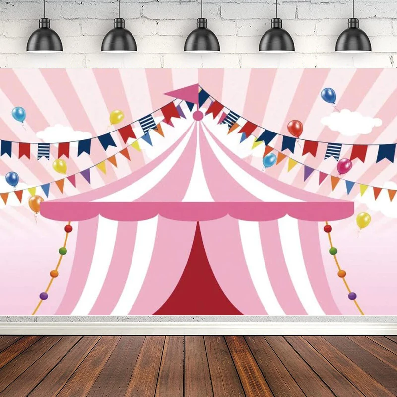 Photography Backdrop Pink Circus Tents Theme Carousel Background Girl Newborn Baby Shower Birthday Party Cake Table Banner