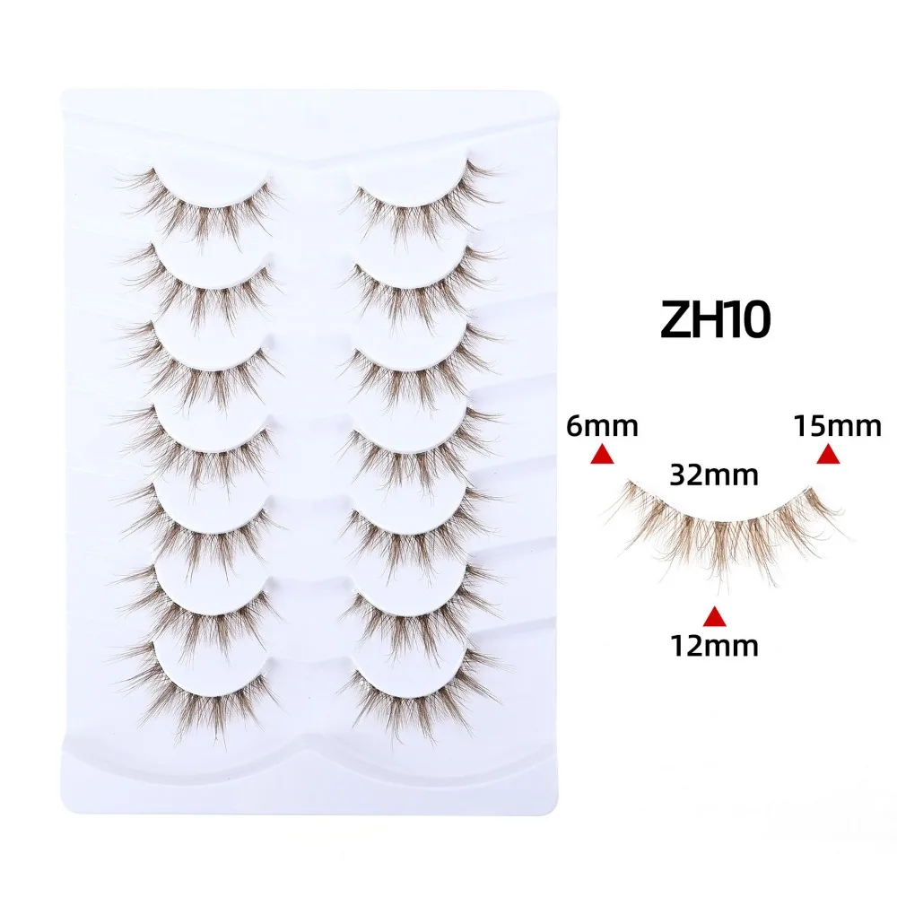 7 Pairs Simulation Eye Eyelashes Clear Stem Lash Strips Brown False Lashes Wispy Fluffy Cat Eye Faux Mink Lashes Beginner