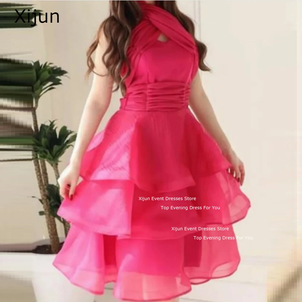 

Xijun Hot Pink Short Evening Dresses Tiered A-Line Prom Dresses Saudi Arabric Party Gowns Knee Length Prom Dresses For Women2023