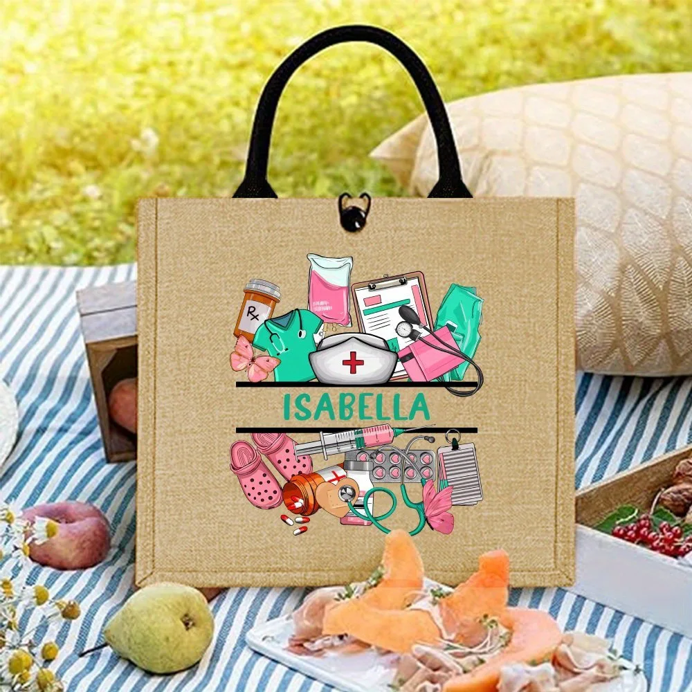 Custom Name Nurse Linen Tote Bag Medical Tool Print Reusable Shopping Handbag Large Capacity Nurse Appreciation Gift Shoulder
