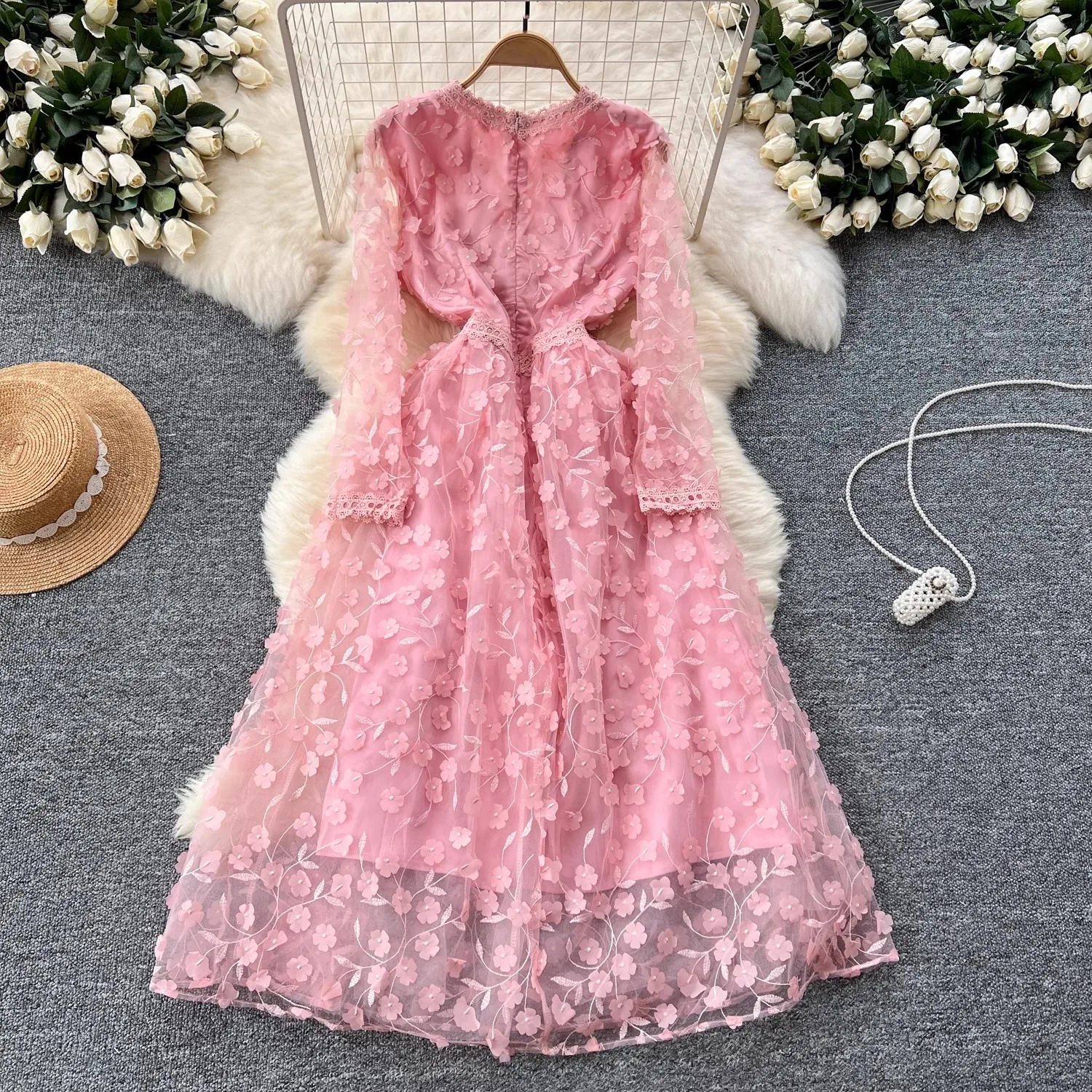 Floral Embroidered Mesh Overlay Vintage Long Dresses for Women High Waist V-Neck Long Sleeve Birthday Party Elegant Autumn Dress