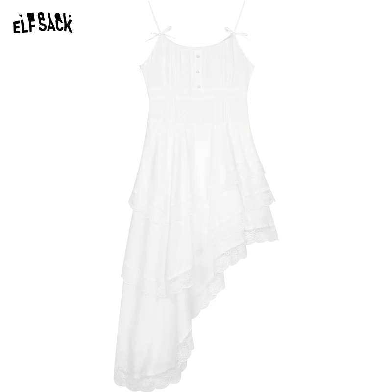 ELFSACK 2024 summer new arrival White irregular gentle style lace suspenders pleated edge design princess dress for women