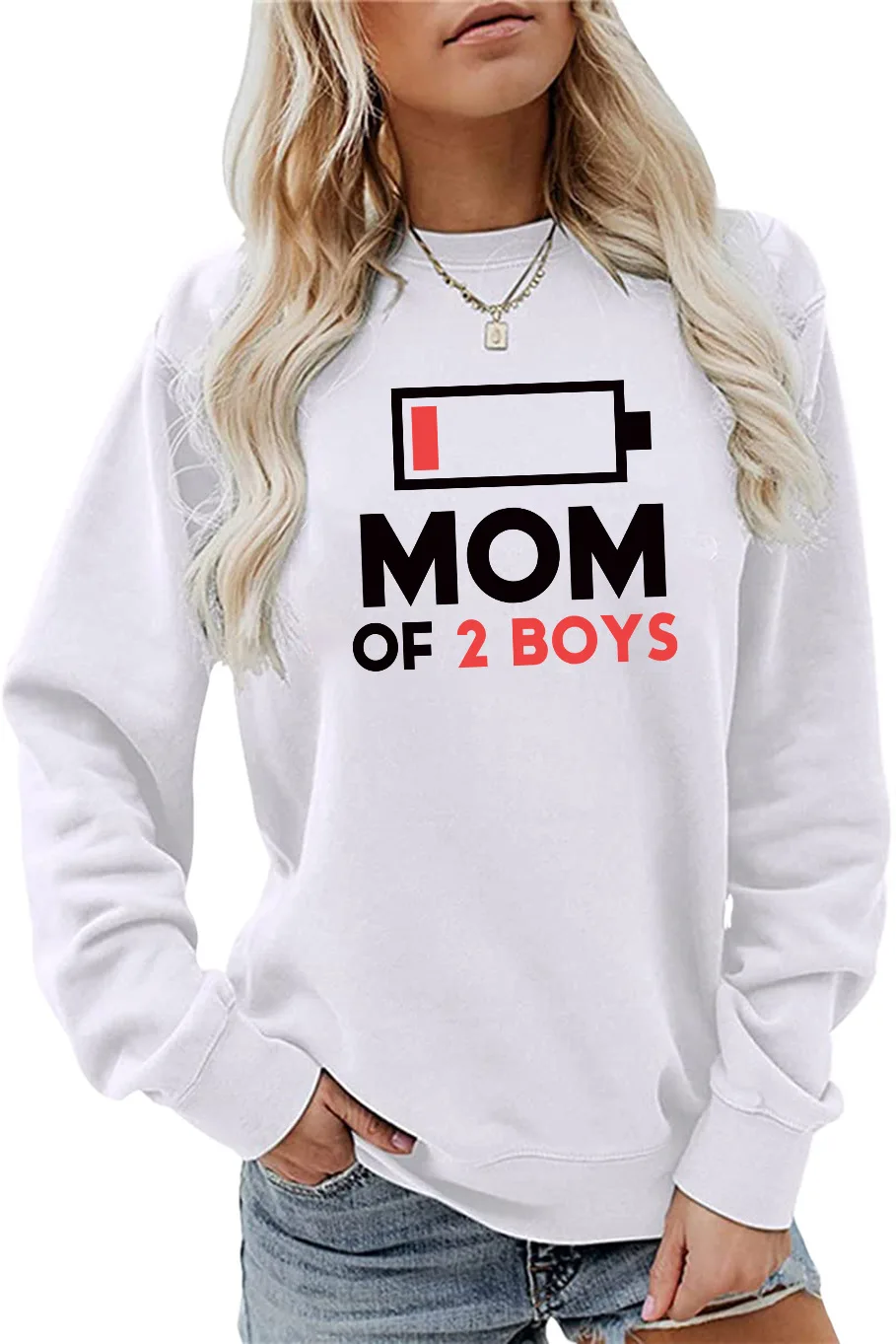 

Mom of 2 Boys Fun Print Casual Tops Ladies Casual Round Neck Long Sleeve Sweatshirt Couple's Wear