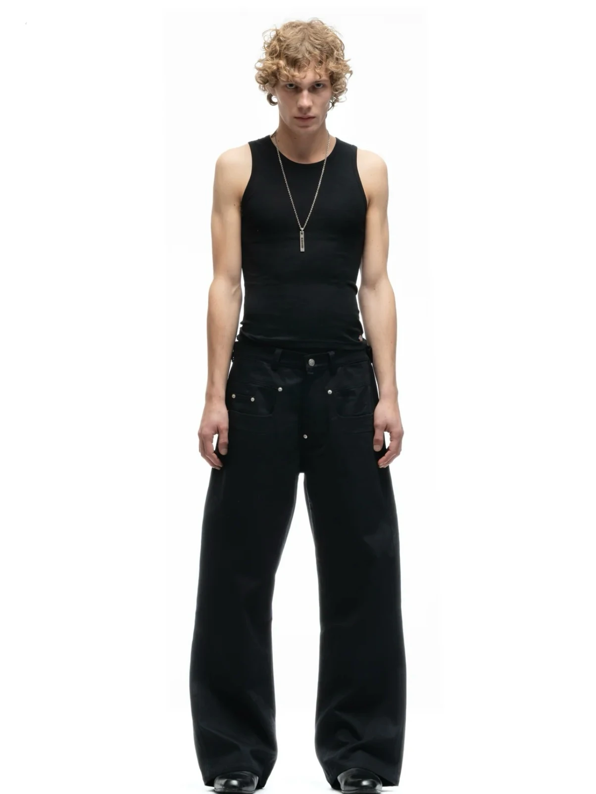 No Faith Studios Layered Double Layer Pocket Button Black Baggy Knife Pants 3D Tailoring Men's Jeans Straight Leg Cotton