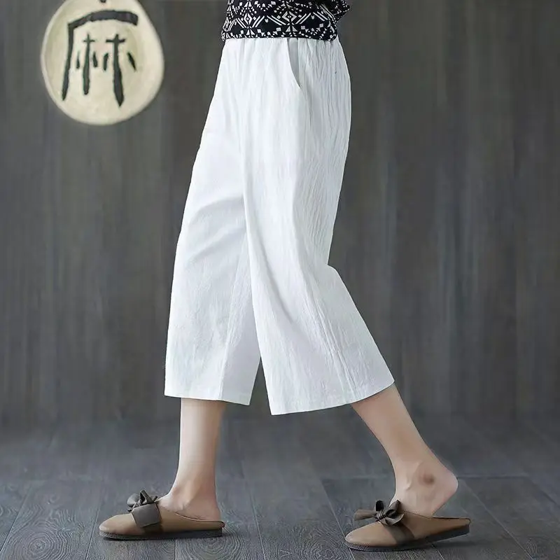 Summer Oversized Literary Vintage Cotton Linen Loose Casual Cropped Pants Women Solid Color Simple All-match Straight Trousers