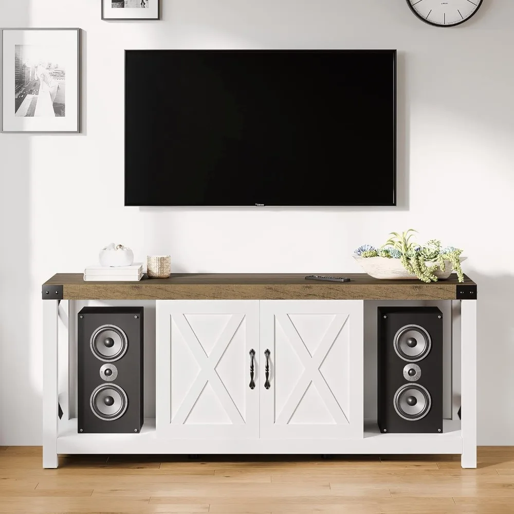 Farmhouse TV Stand com armários de armazenamento e prateleiras abertas, centro de entretenimento moderno do meio do século, 65 polegadas, 60 polegadas, 55 polegadas